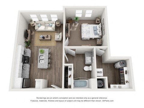 Floor plan for 1 bed, 1 bath, 729 sqft